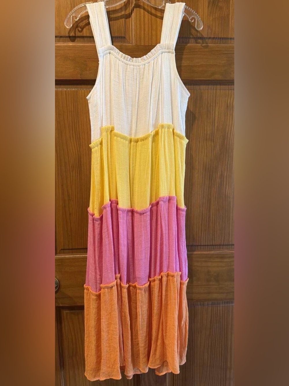 Sz L Blu Pepper Tiered Colorblock Dress in White, Yellow, Pink & Orange